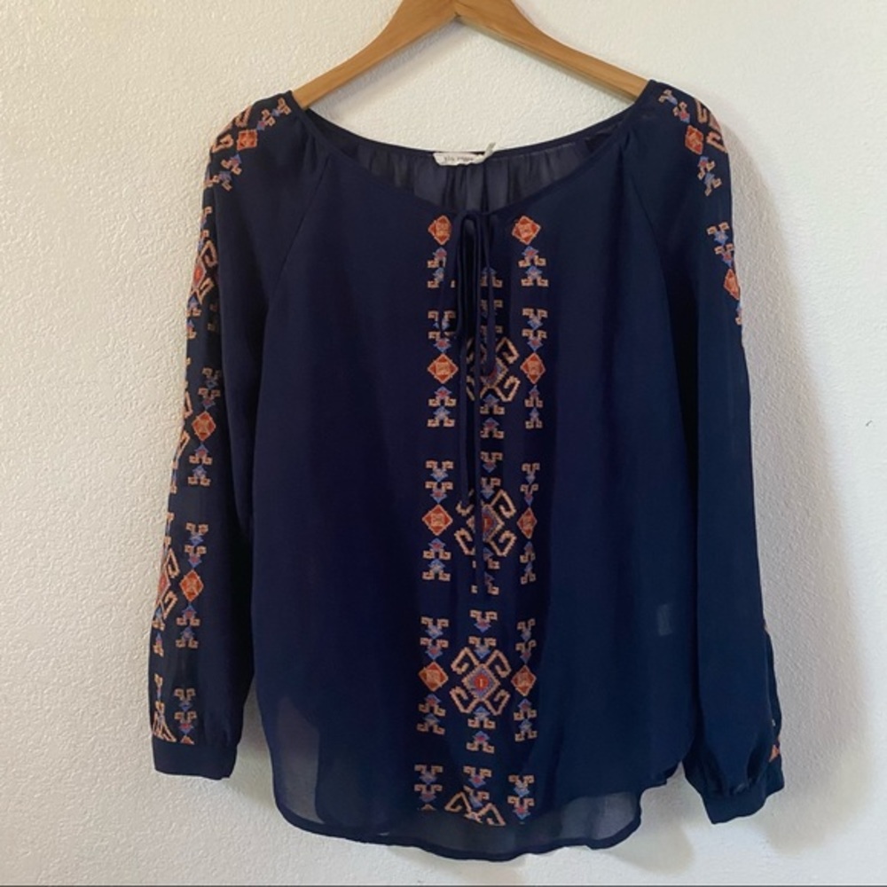 Blu Pepper Sheer Blue Aztec Print Embroidered Top